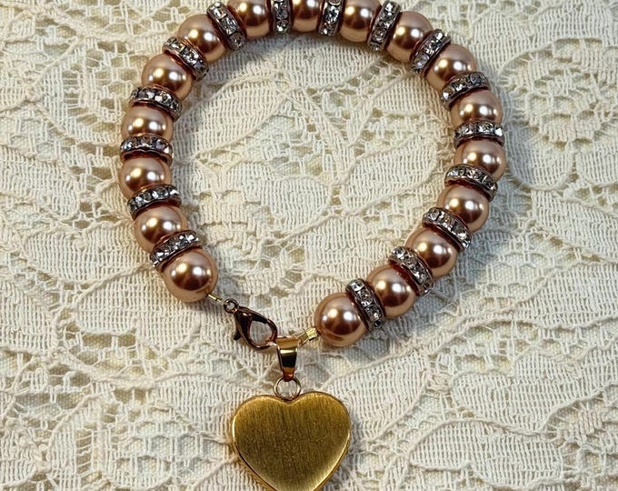 Rose Gold Swarovski Pearl Bracelet with Heart Charm – Elegant Handmade Jewelry Gift