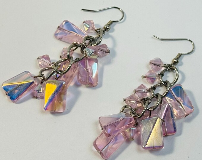 Iridescent Pink Crystal Cluster Earrings – Handmade Dangle Earrings