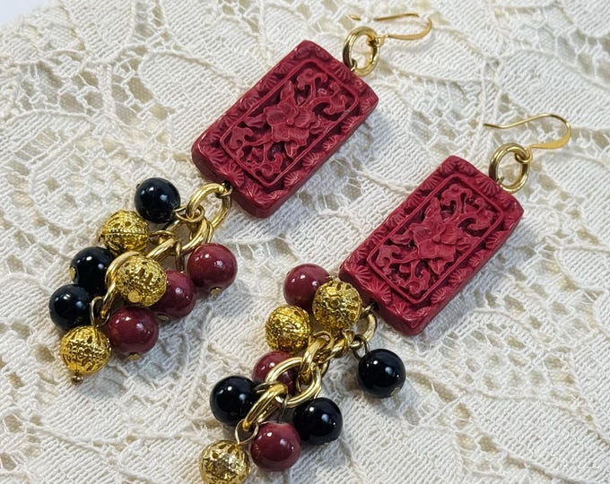 Elegant Carved Red Flower Dangle Earrings with Gold and Beaded Accents | Statement Boho Jewelry | Oriental-Inspired Dangle Earrings