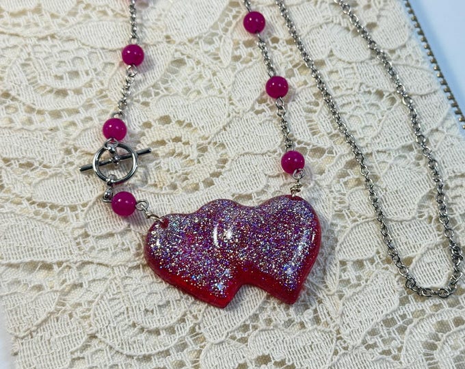 Glitter Double Heart Resin Necklace – Handmade Sparkly Pink Pendant Jewelry