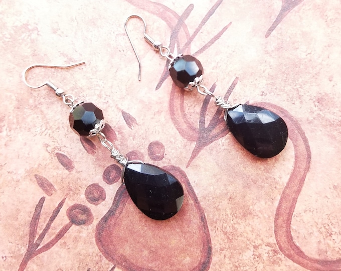 Black Teardrop Wire Wrapped Earrings