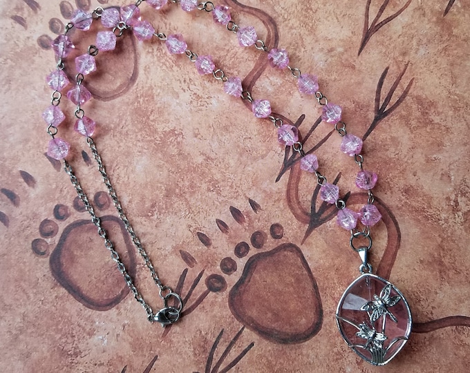 Pink Crackle bead and Dragonfly Pendant Necklace