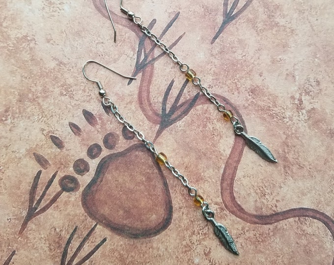 Yellow Seed Bead and Silver Feather Earrings