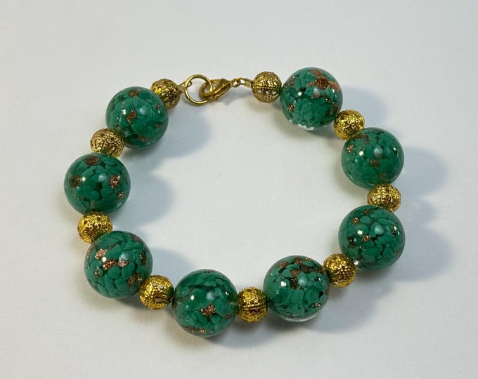 Green Gold Beaded Bracelet | Chunky Glass Statement Jewelry | Handmade Boho Gift for Her | Artisan Bead Bracelet