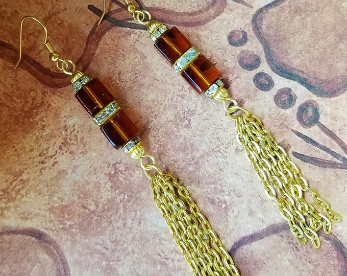 Square Brown Glass bead and Gold Tassel Earrings