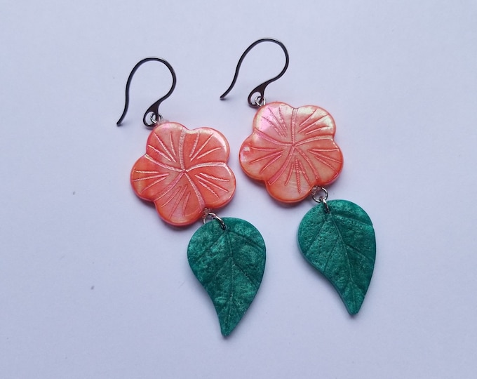 Pink Flower and Green Resin Leaf Earrings