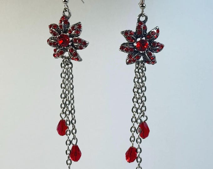Red Rhinestone and Silver Poinsettia Flower Earrings