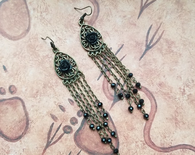 Antique Gold and Black Beaded Chandelier Earrings
