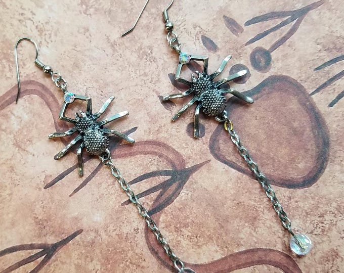 Silver Spider Drop Earrings