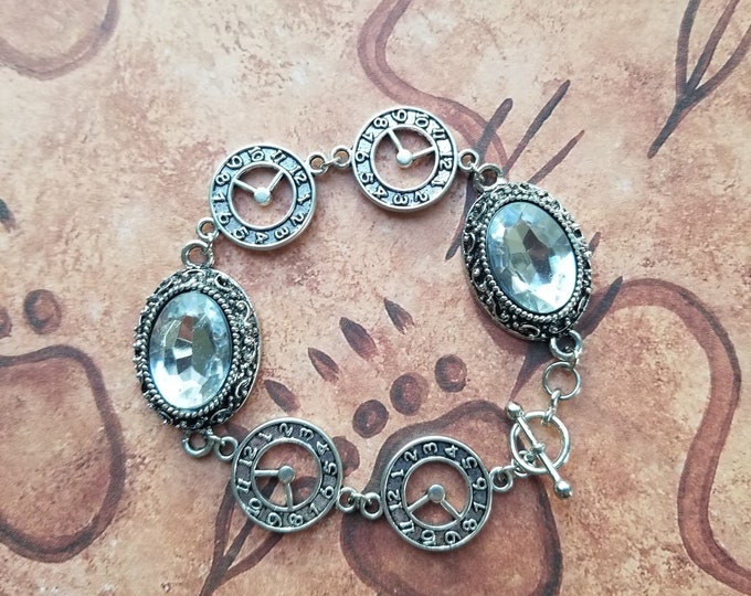 Silver Clock Charm and Glass Pendant Bracelet
