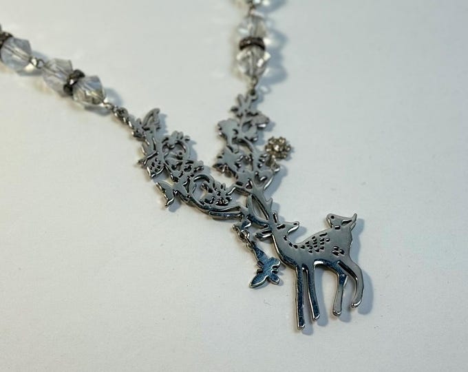 Silver Woodland Deer Pendant Necklace – Crystal Beaded Nature-Inspired Jewelry