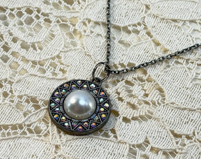 Vintage Faux Pearl Necklace • Rainbow Rhinestone Pendant • Geometric Boho Jewelry • Muted Silver Chain Necklace • Statement Gift for Her