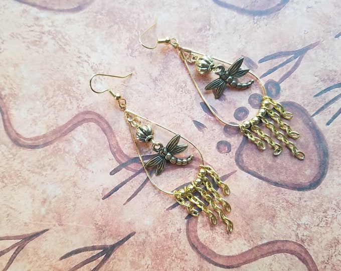 Gold Dragonfly and Chain Earrings