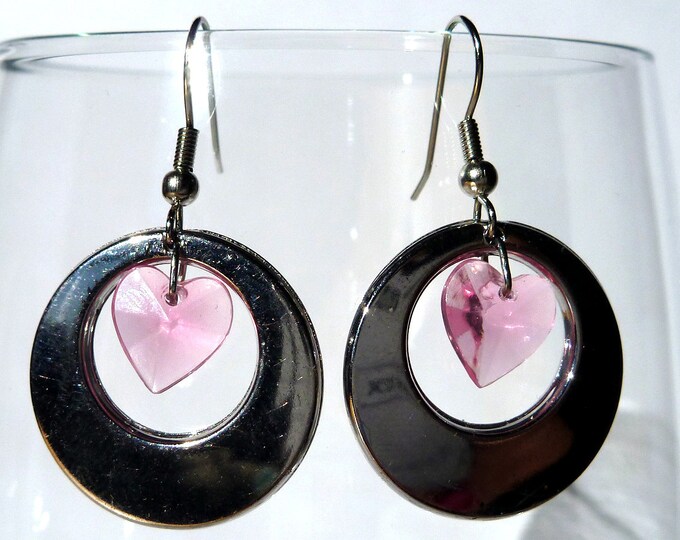 Pink Heart and Silver Hoop Earrings