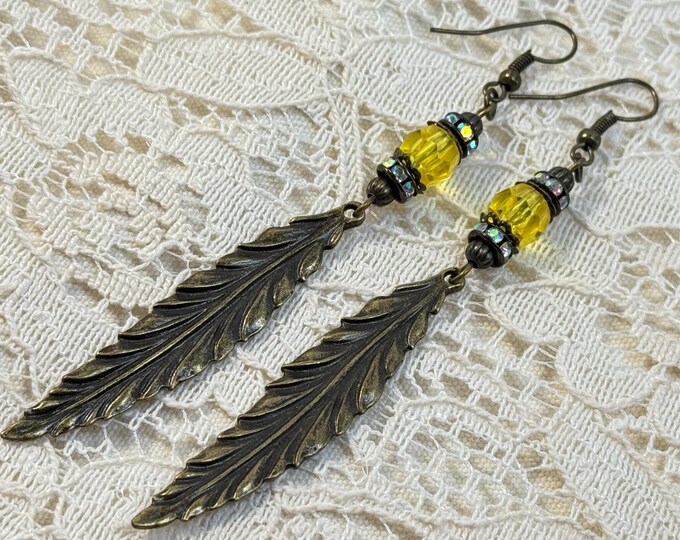Boho Leaf Dangle Earrings with Yellow Crystal Beads and Antique Gold Charms