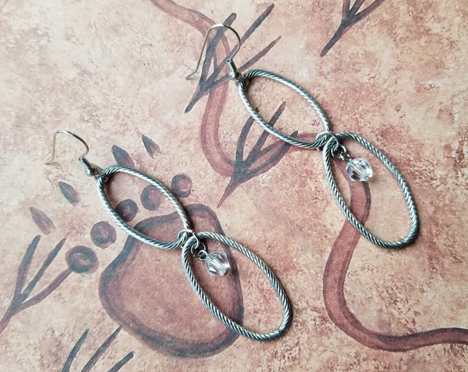 Silver Oval Wire and Clear Beaded Earrings