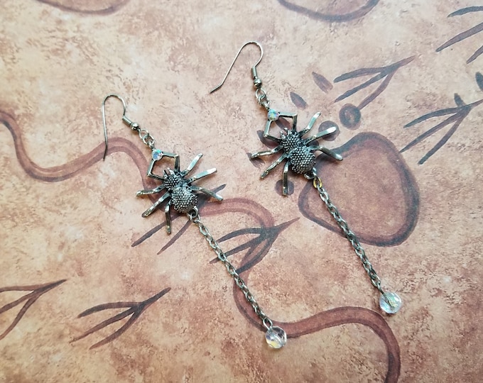 Silver Spider Drop Earrings
