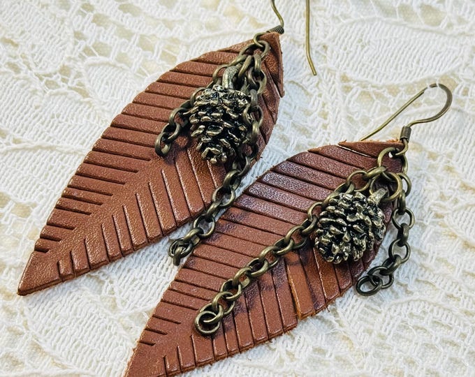 Rustic Pinecone Leaf Earrings – Fall Nature Jewelry, Woodland Boho Dangle Earrings, Handmade Autumn Accessory