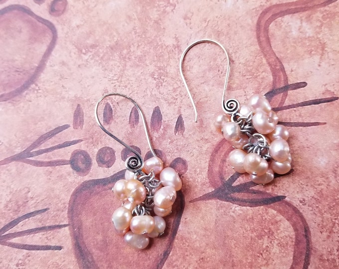 Pink Natural Pearl Cluster Earrings