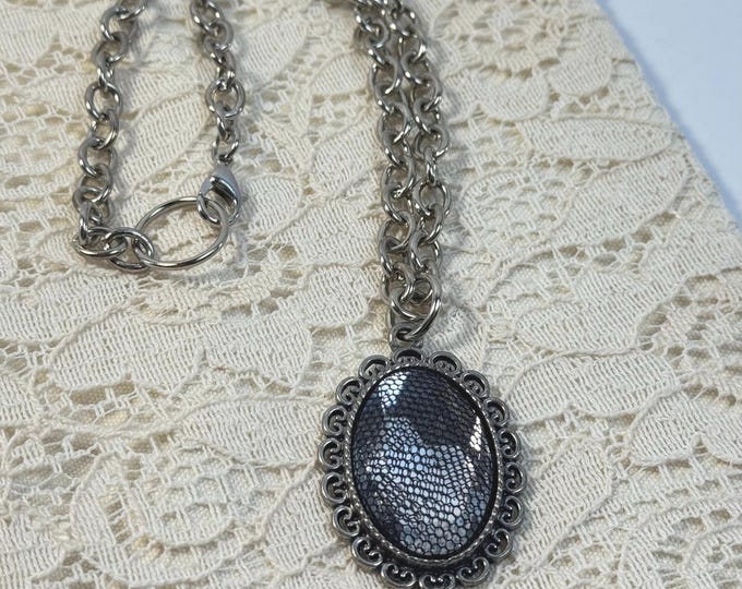 Vintage-Inspired Chain Necklace with Dark Silver Lace/ Mirrored Oval Pendant