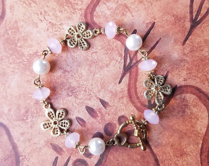 Gold Flower and Pink Beaded Toggle Bracelet