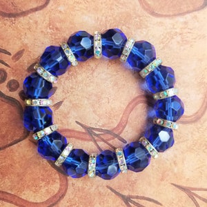 Cobalt Blue Bead Rhinestone Spacer Stretch Bracelet image 1