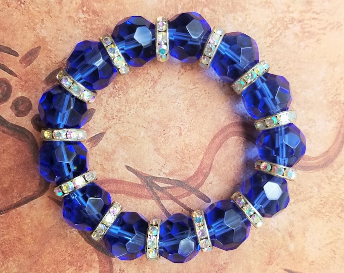 Cobalt Blue Bead Rhinestone Spacer Stretch Bracelet