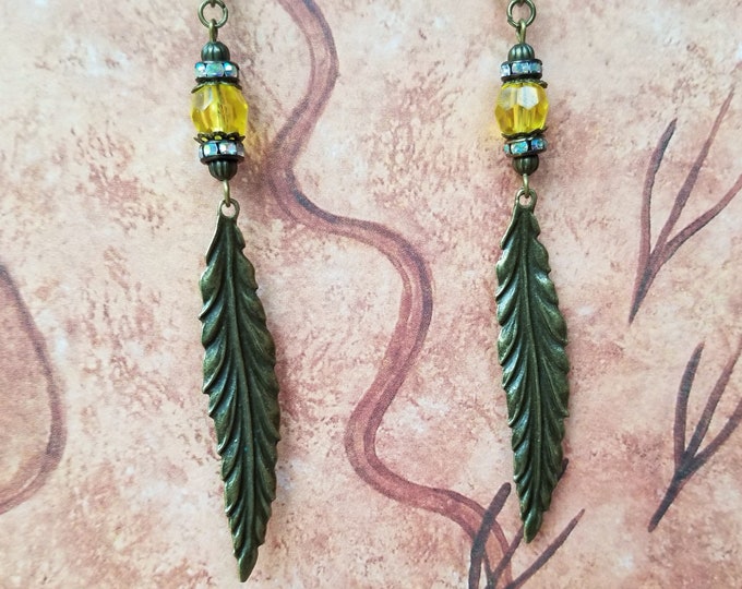 Yellow Beaded and Antiqued Leaf Earrings