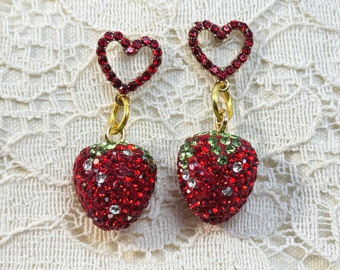 Strawberry Heart Earrings | Sparkly Rhinestone Stud Dangles | Cute Kawaii Fruit Jewelry | Red Berry Earrings Gift for Her