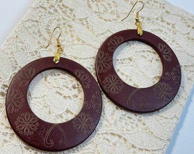 Boho Wood Hoop Earrings – Laser Engraved Mandala Floral Design – Lightweight Statement Jewelry