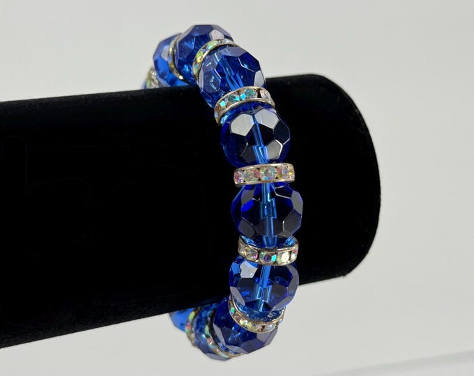 Cobalt Blue Crystal Stretch Bracelet with Rhinestone Spacers – Sparkly Beaded Jewelry Gift for Her