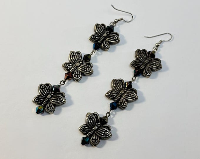 Silver Butterfly Dangle Earrings – Long Acrylic Drop Earrings with Iridescent Beads – Statement Nature-Inspired Jewelry