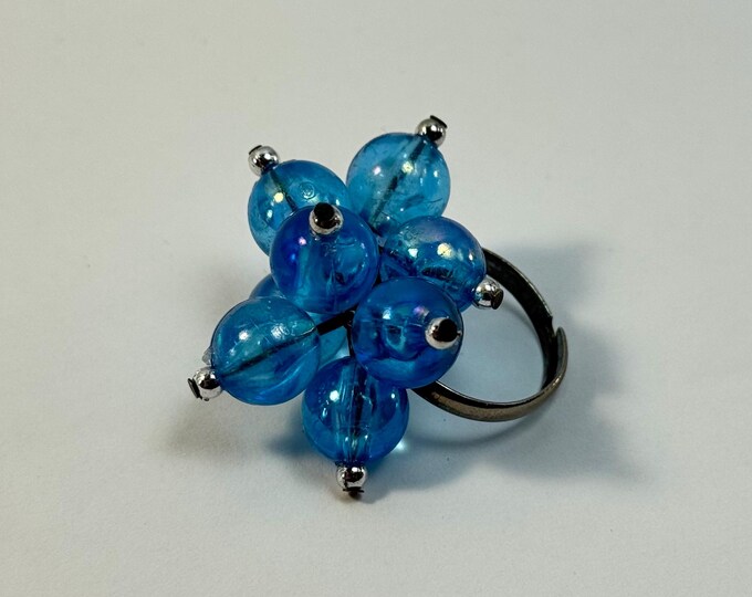 Adjustable Blue Bead Cluster Ring – Handmade Statement Jewelry, Glass Bead Bubble Ring, Bold Cocktail Ring for Women