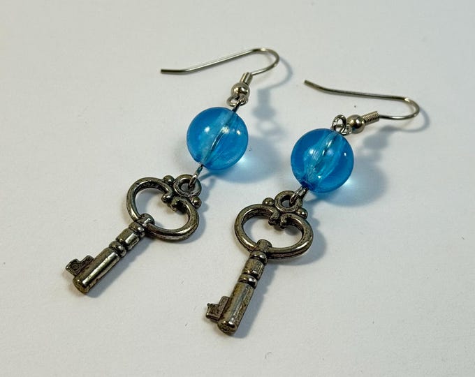 Vintage Key and Blue Bubble Bead Dangle Earrings | Handmade Antique-Inspired Jewelry