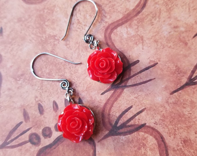 Red Acrylic Rose Drop Earrings