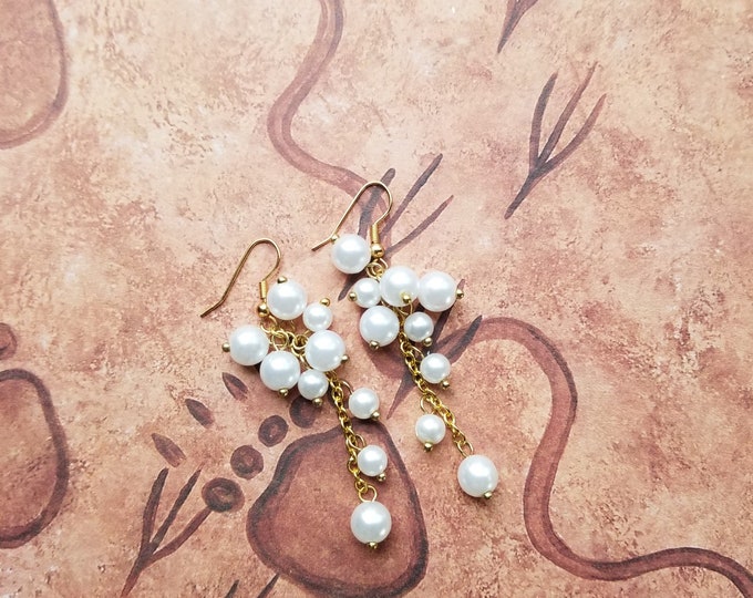 Glass Pearl and Gold Chain Earrings