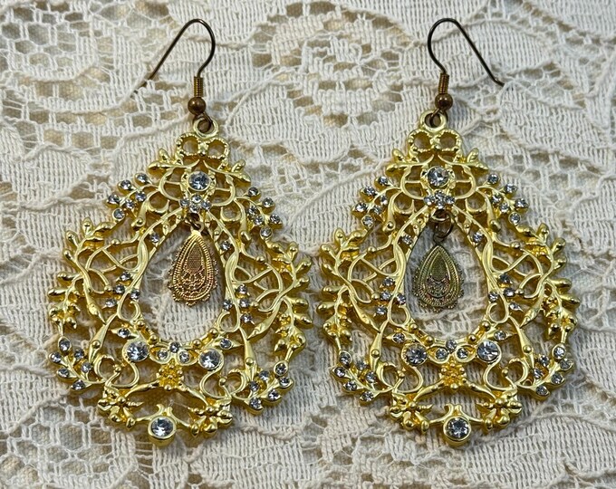 Gold Filigree Statement Earrings • Vintage Style Dangle Earrings • Ornate Lightweight Earrings for Women