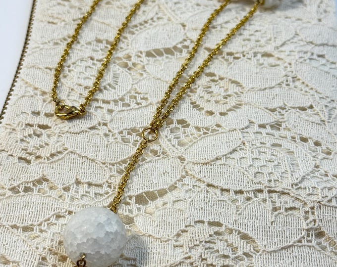 White Cracked Quartz Y Necklace – Gold Chain Statement Jewelry