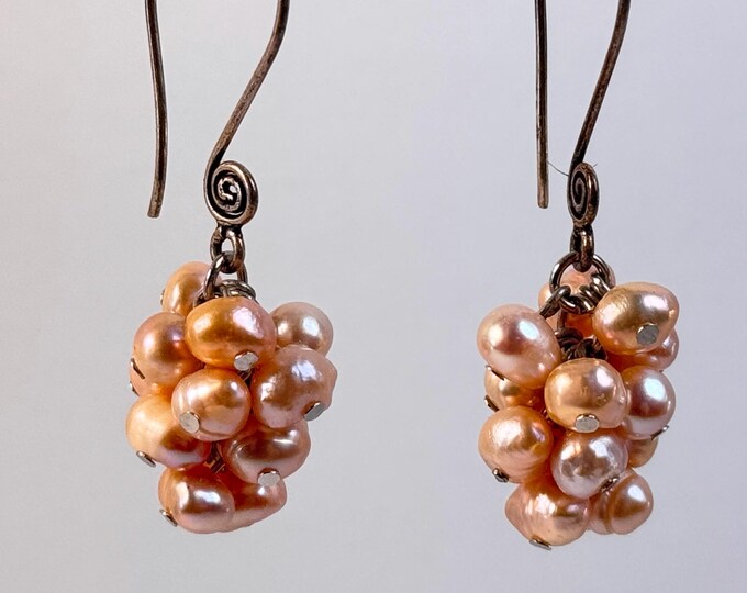 Handmade Genuine Pink Freshwater Pearl Cluster Earrings with Silver Spiral Hooks