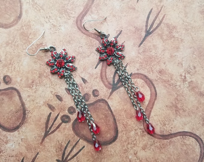 Red and Silver Poinsettia Flower Earrings