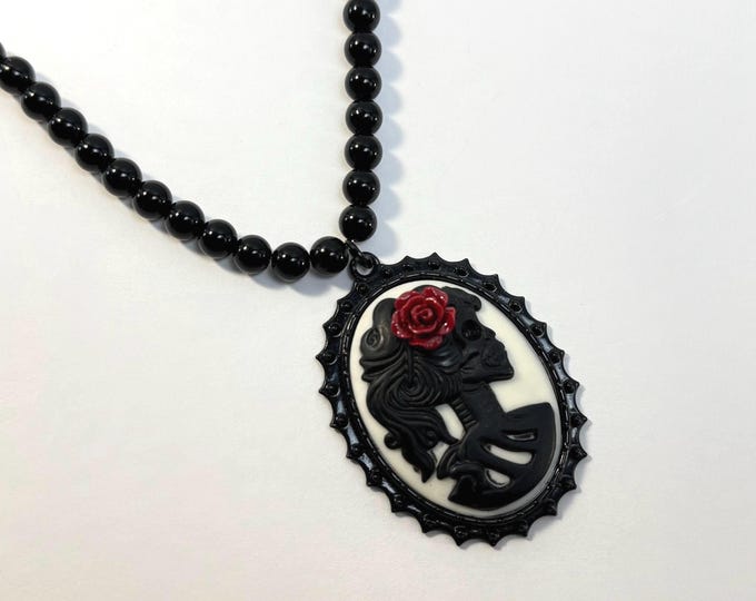 Gothic Skeleton Cameo Necklace with Red Rose – Black Beaded Statement Jewelry, Halloween or Alternative Fashion
