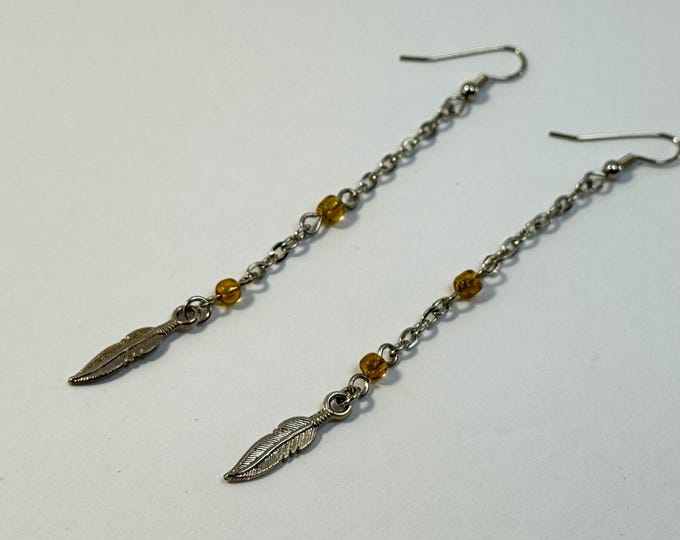 Boho Feather Earrings with Yellow Beads – Long Dangle Chain Earrings, Handmade Festival Jewelry, Lightweight Statement Earrings