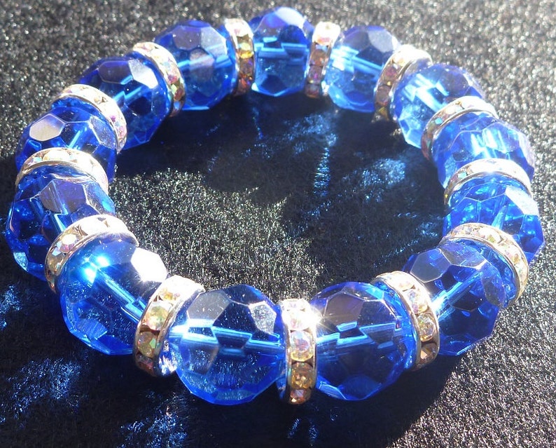 Cobalt Blue Bead Rhinestone Spacer Stretch Bracelet image 2