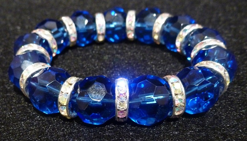 Cobalt Blue Bead Rhinestone Spacer Stretch Bracelet image 3