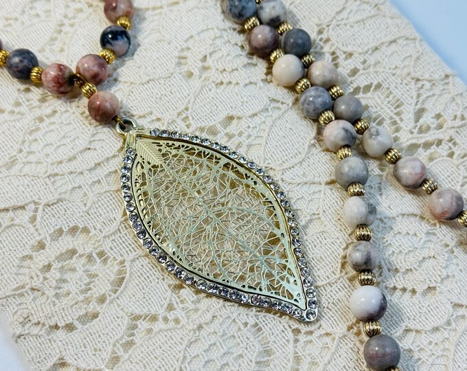 Gold Leaf Pendant and Dyed Jasper Beaded Necklace – Natural Stone Boho Statement Jewelry