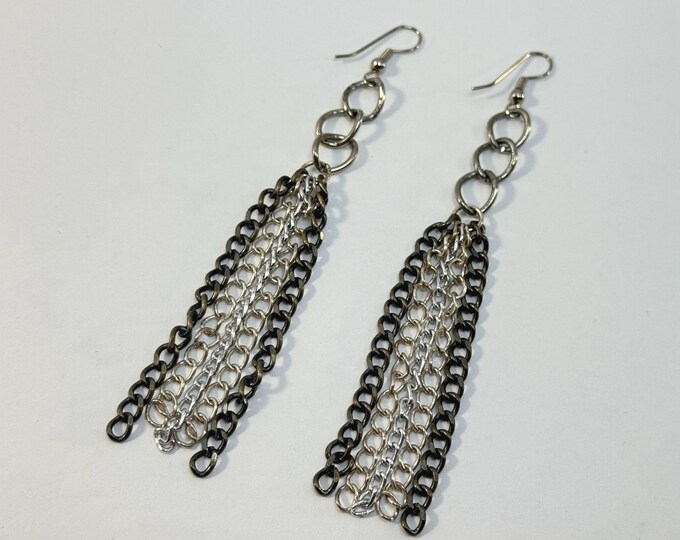 Multi-Chain Fringe Earrings - Long Dangle Statement Earrings - Black, Gunmetal and Silver Layered Chains - Edgy Punk Rock Jewelry