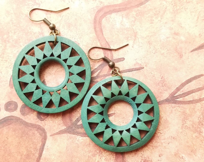 Green Wood and Antique Gold Earrings