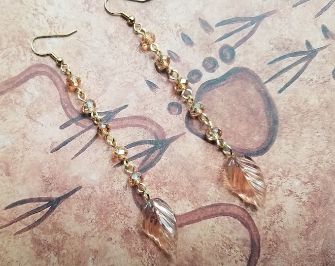 Tan and Pink Glass Beaded Leaf Earrings
