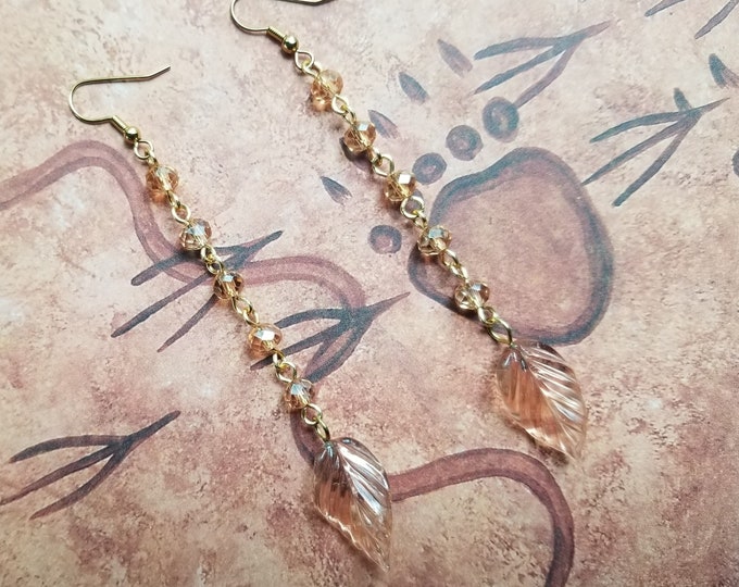 Tan and Pink Glass Beaded Leaf Earrings