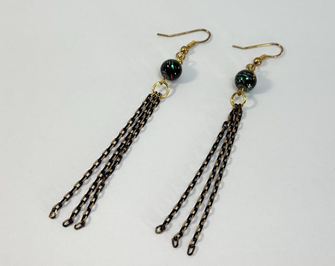 Black Chain Dangle Earrings with Iridescent Beads – Long Gold Hook Statement Jewelry, Punk Boho Drop Earrings